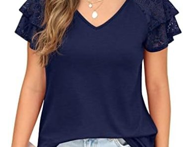 FREEOAK Summer Tops Double Lace Sleeve Shirts for Women V Ne…