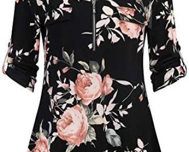 BEPEI Womens Floral 3/4 Sleeve Shirts Zip up V Neck Work Chi…