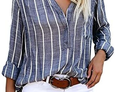 Astylish Womens V Neck Striped Roll up Sleeve Button Down Bl…