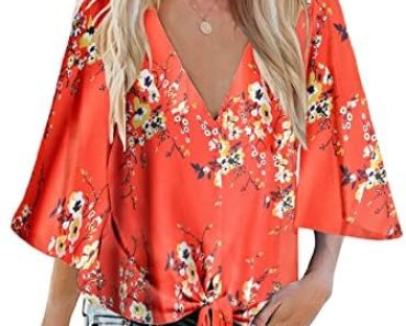 Bluetime Womens Summer Tops Boho 3/4 Sleeve V Neck Tie Front…