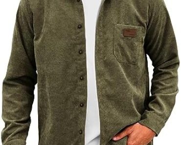 Comdecevis Men’s Corduroy Shirt Long Sleeve Ribbed Tops Butt…