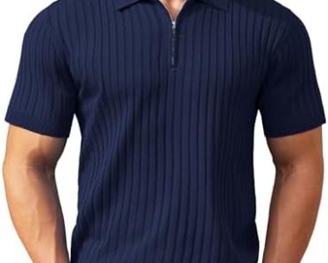 COOFANDY Men’s Zipper Polo Shirts Short Sleeve Ribbed Knit P…