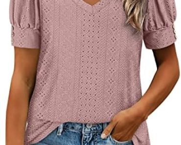 WEESO Summer Eyelet Tops for Women V Neck T Shirts Puff Shor…