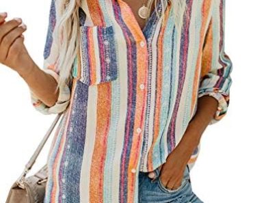 Astylish Womens V Neck Striped Roll up Sleeve Button Down Bl…