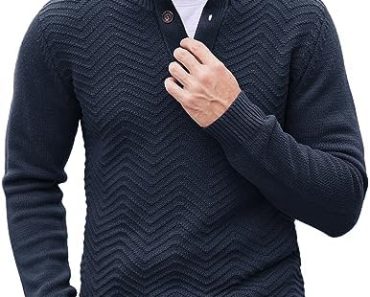 COOFANDY Men Quarter Button Sweater Pullover Cable Knit Henl…